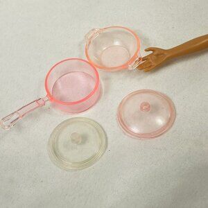 Mattel Barbie Pink Kitchen Matching Pot & Casserole Pan With Lids 4 Pc Vintage